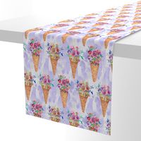 WATERCOLOR FLOWERS ICE CREAM CONES ROWS MARBLED VIOLET purple