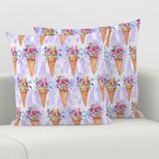 WATERCOLOR FLOWERS ICE CREAM CONES ROWS MARBLED VIOLET purple