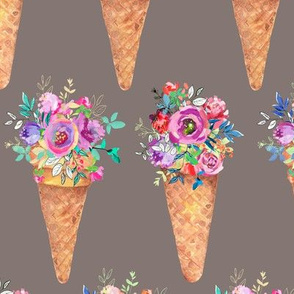 WATERCOLOR FLOWERS ICE CREAM CONES ROWS TAUPE