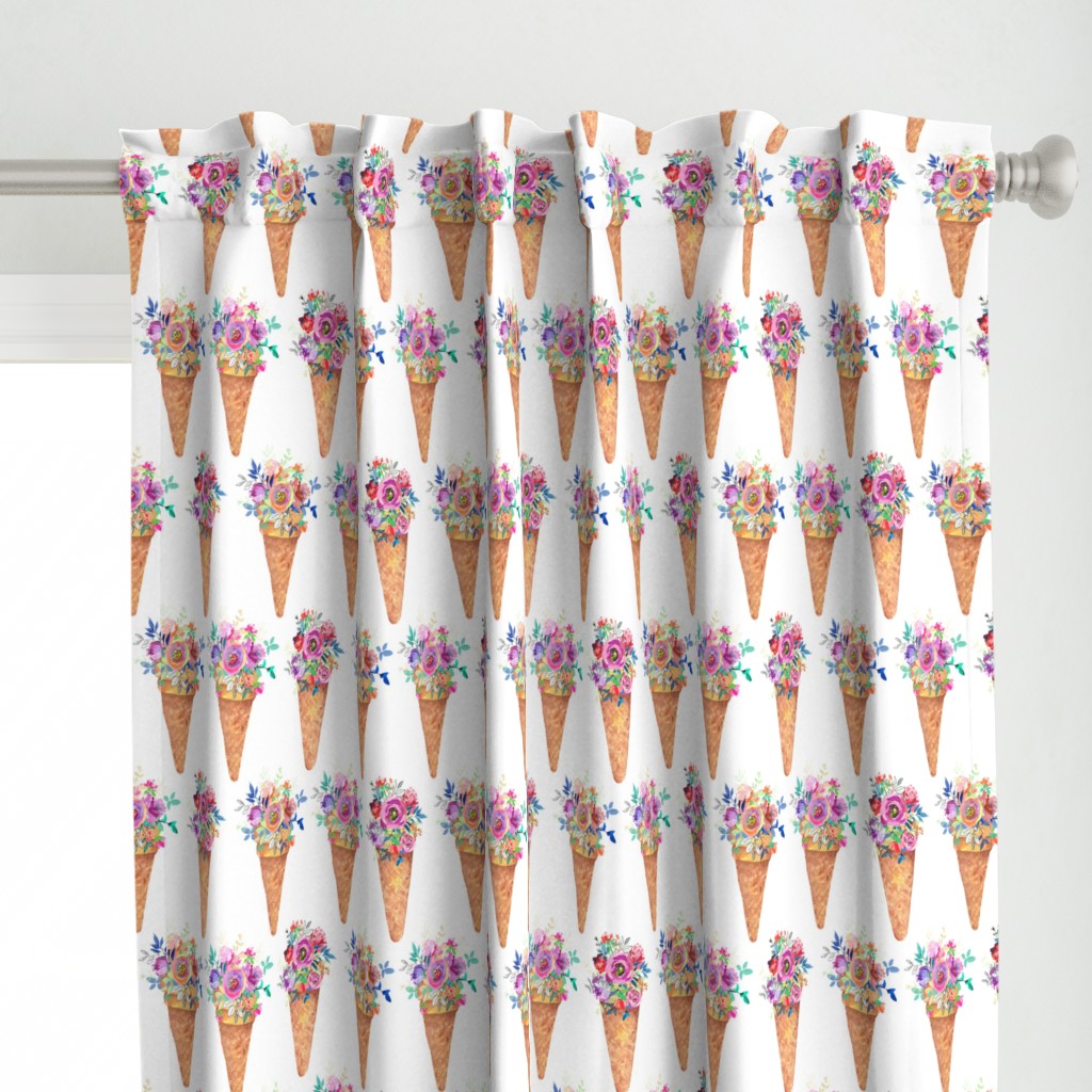 WATERCOLOR FLOWERS ICE CREAM CONES ROWS WHITE