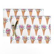 WATERCOLOR FLOWERS ICE CREAM CONES ROWS WHITE