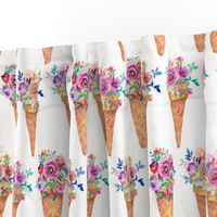 WATERCOLOR FLOWERS ICE CREAM CONES ROWS WHITE