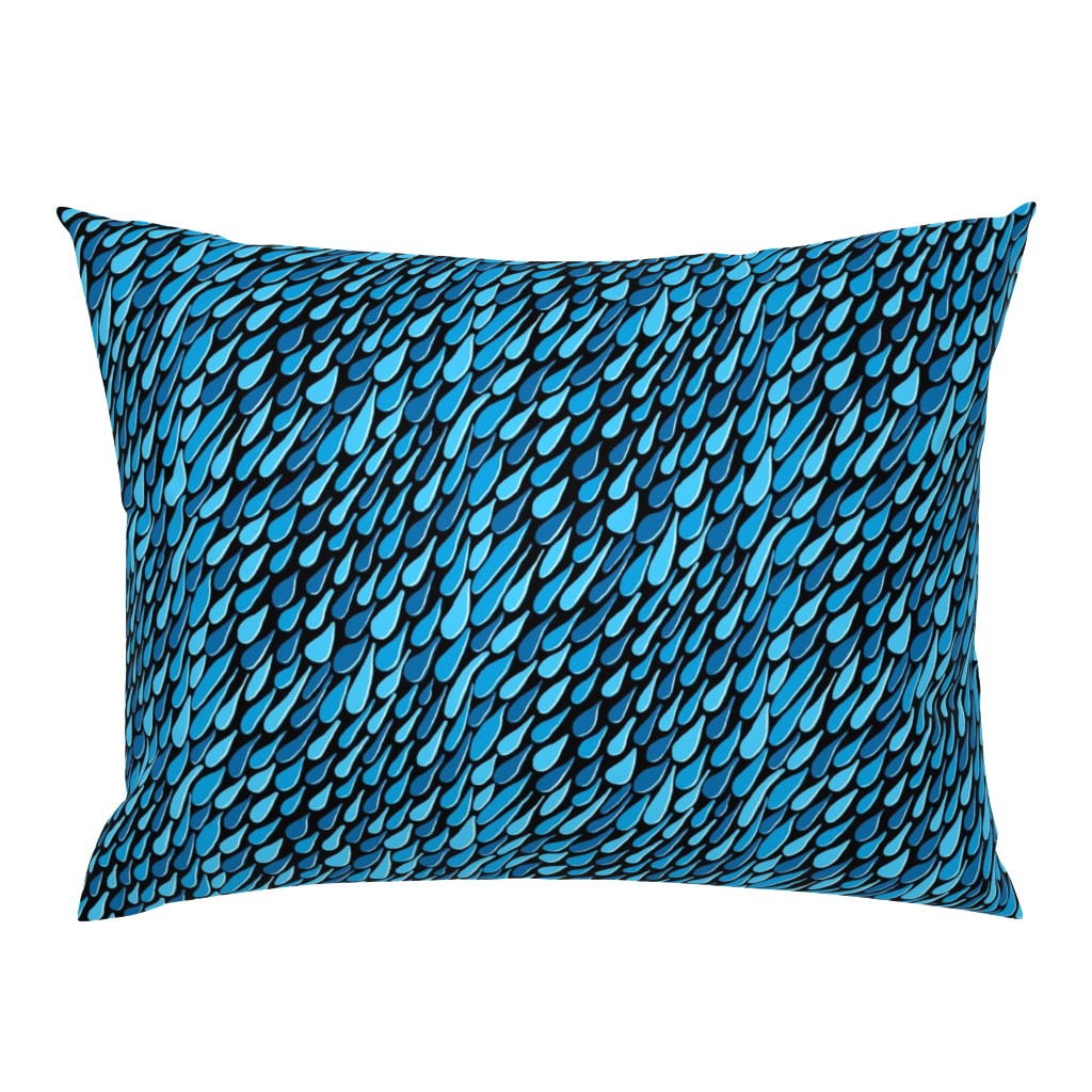 monochromatic blue aqua teal turquoise navy rain, black background, large scale