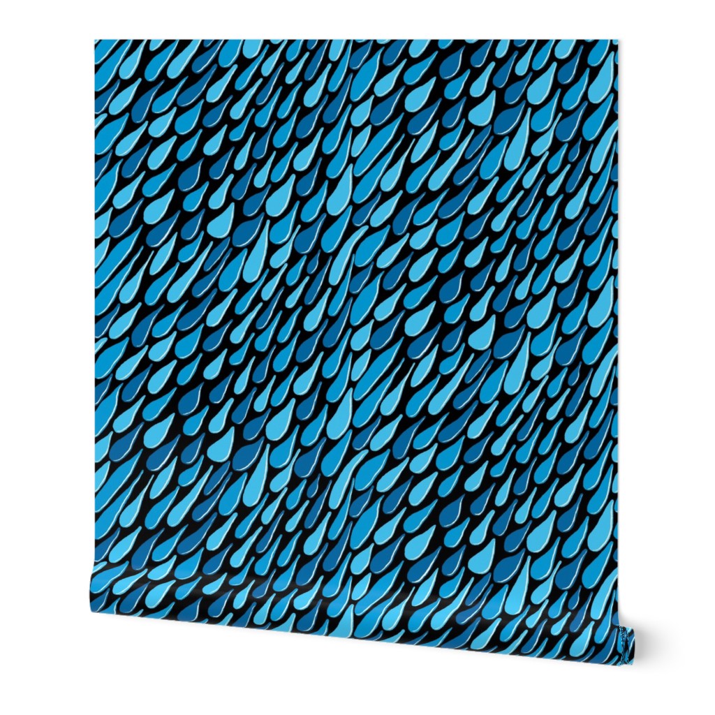 monochromatic blue aqua teal turquoise navy rain, black background, large scale