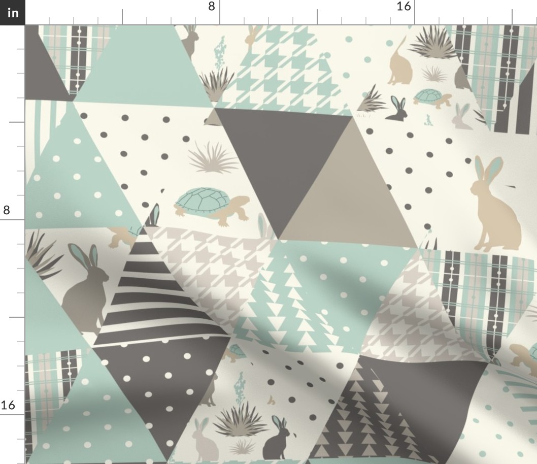 Tortoise & Hare, Rotated, Whole Cloth,  Cheater Quilt, Aqua, Ivory