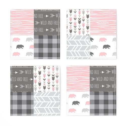 Custom Bear and Deer Patchwork in Pink and Light Grey