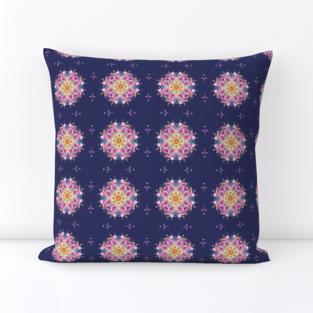 FLOWERS MANDALA 1 pink on navy coordinate to flowery ice cream cones navy