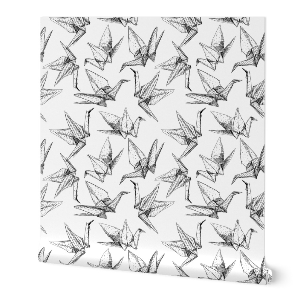 Origami paper cranes sketch black line on white background.
