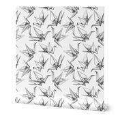 Origami paper cranes sketch black line on white background.