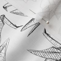 Origami paper cranes sketch black line on white background.