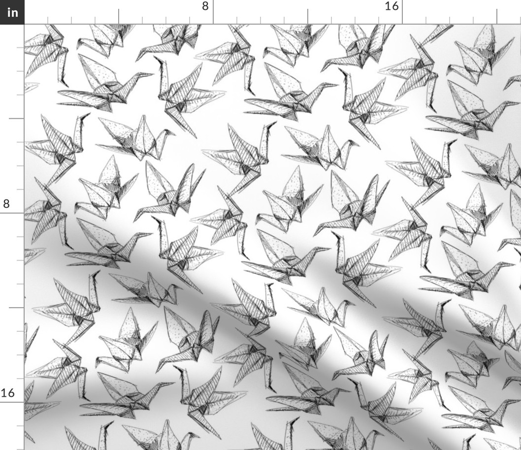 Origami paper cranes sketch black line on white background.