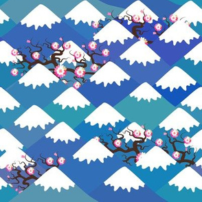 sakura pink flowers landscape. blue mountain with snow-capped peaks
