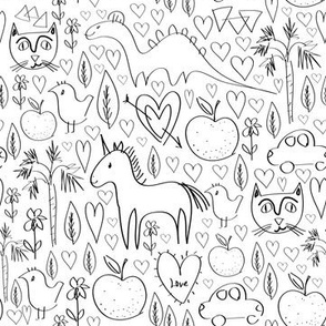 pattern with animals and hearts black outline isolated on white background