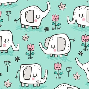 Elephants With Flowers on Mint Green