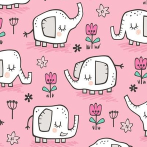 Elephants With Flowers on Pink