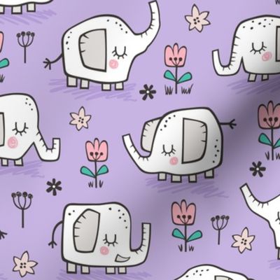 Elephants With Flowers on Purple Lilac