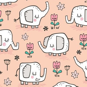 Elephants With Flowers on Peach