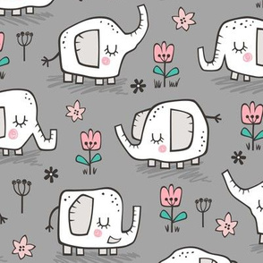 Elephants With Flowers on Grey