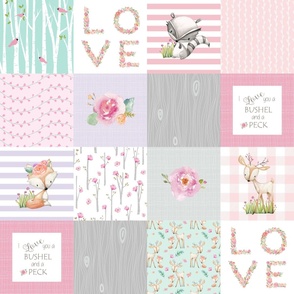 Woodland Patchwork- I Love You a Bushel and a Peck Quilt Top - Baby Girl Blanket Gray Lavender Pink