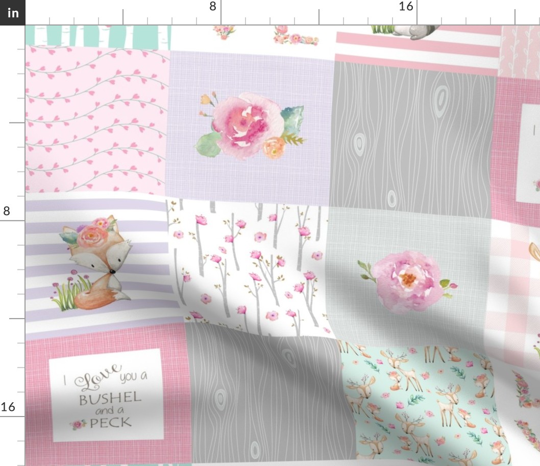 Woodland Patchwork- I Love You a Bushel and a Peck Quilt Top - Baby Girl Blanket Gray Lavender Pink