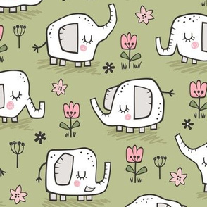 Elephants With Flowers on Green