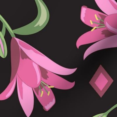 Lilies Pink on Black Extra Large 24"