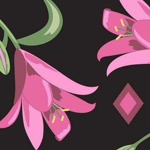 Lilies Pink on Black Extra Large 24"