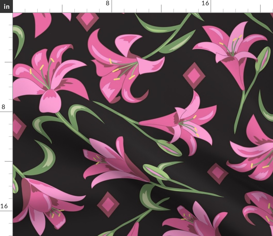 Lilies Pink on Black Extra Large 24"