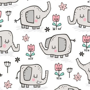 Elephants With Flowers on White