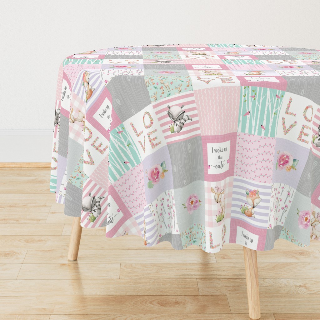 Pink Woodland Animals Baby Girl Quilt Top - Deer Fox - I Woke Up This Cute Patchwork Wholecloth Baby Blanket, Gray Mint Lavender