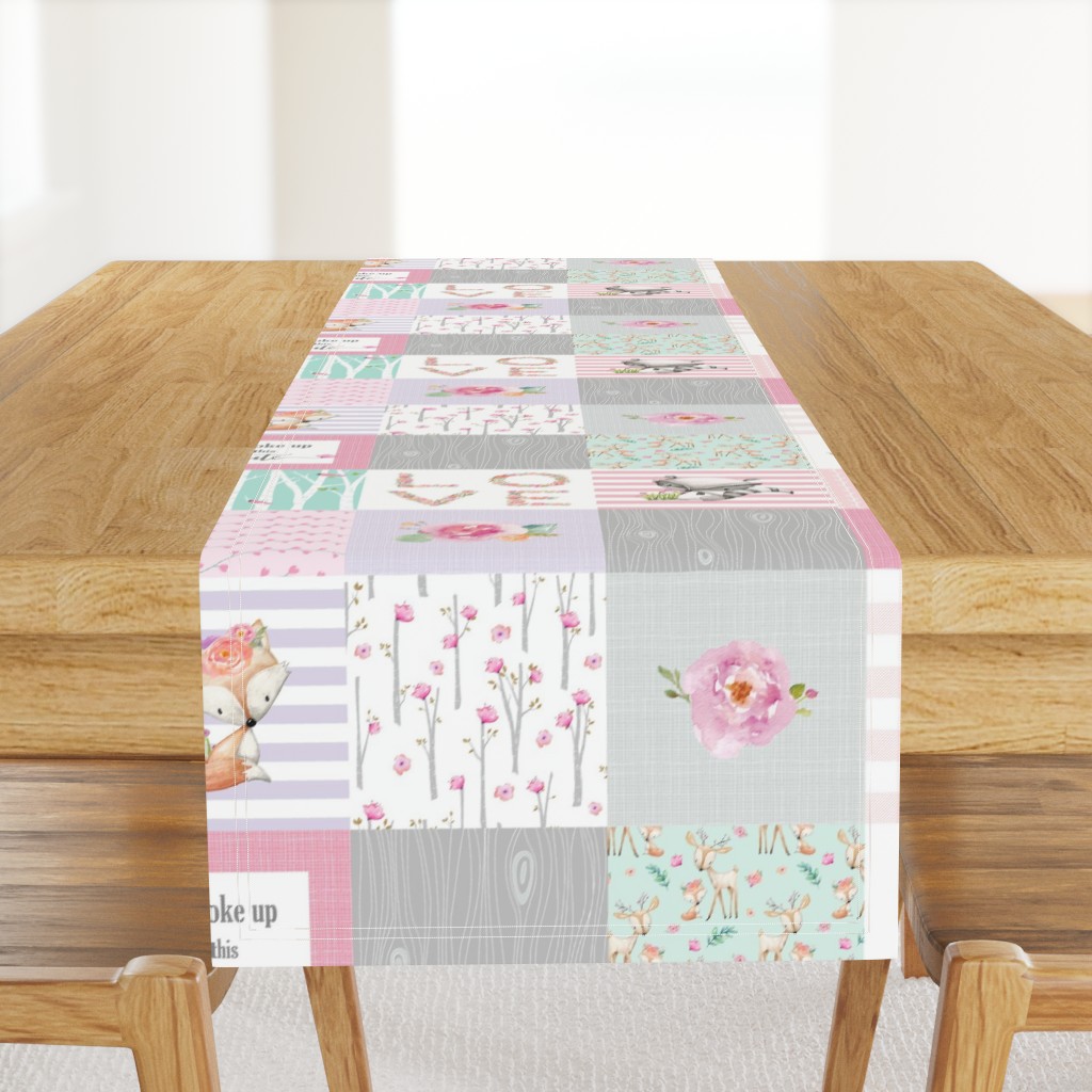 Pink Woodland Animals Baby Girl Quilt Top - Deer Fox - I Woke Up This Cute Patchwork Wholecloth Baby Blanket, Gray Mint Lavender