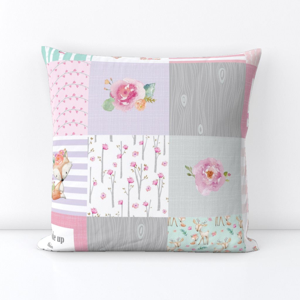 Pink Woodland Animals Baby Girl Quilt Top - Deer Fox - I Woke Up This Cute Patchwork Wholecloth Baby Blanket, Gray Mint Lavender