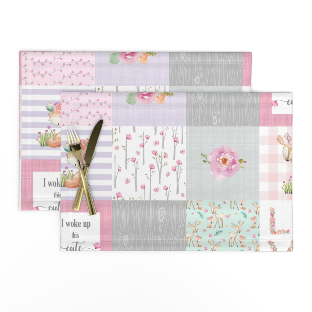 Pink Woodland Animals Baby Girl Quilt Top - Deer Fox - I Woke Up This Cute Patchwork Wholecloth Baby Blanket, Gray Mint Lavender