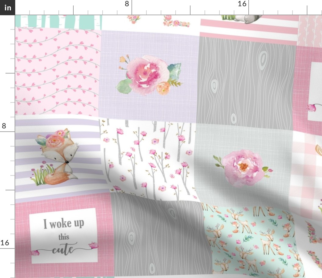 Pink Woodland Animals Baby Girl Quilt Top - Deer Fox - I Woke Up This Cute Patchwork Wholecloth Baby Blanket, Gray Mint Lavender