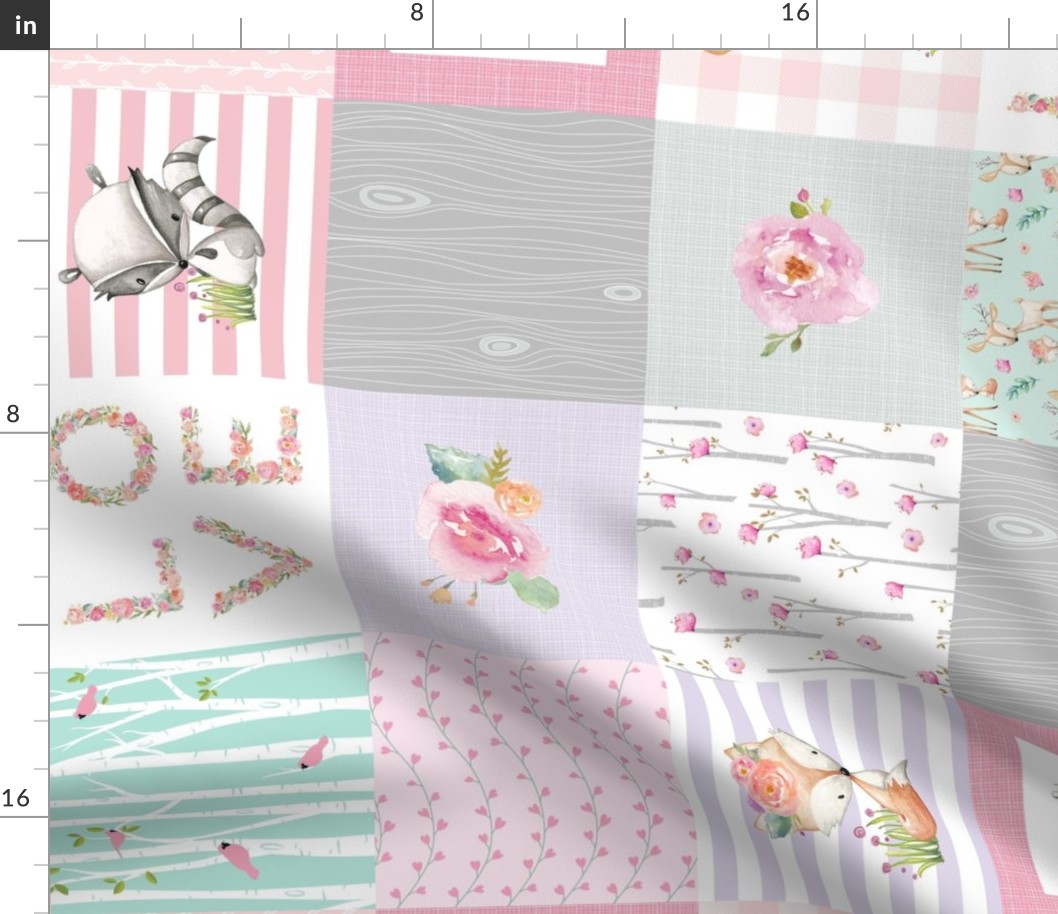 Woodland Patchwork- I Love You a Bushel and a Peck Quilt Top (rotated) - Baby Girl Blanket Gray Lavender Pink