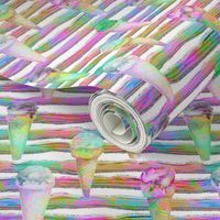 rainbow WATERCOLOR ICE CREAM CONES AND STRIPES WHITE