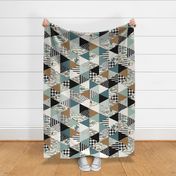 Bear Forest - Triangle Cheater Quilt -  Whole Cloth Quilt - Teal, Sage, Spruce, Copper 