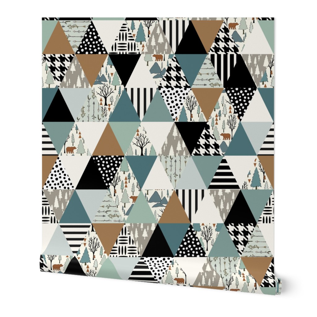 Bear Forest - Triangle Cheater Quilt - ROTATED - - Whole Cloth Quilt - Teal, Sage, Spruce, Copper 