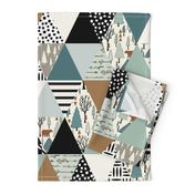 Bear Forest - Triangle Cheater Quilt - ROTATED - - Whole Cloth Quilt - Teal, Sage, Spruce, Copper 