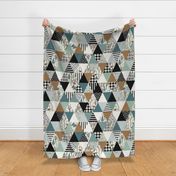 Bear Forest - Triangle Cheater Quilt - ROTATED - - Whole Cloth Quilt - Teal, Sage, Spruce, Copper 