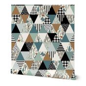 Bear Forest - Triangle Cheater Quilt - ROTATED - - Whole Cloth Quilt - Teal, Sage, Spruce, Copper 