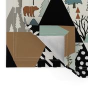 Bear Forest - Triangle Cheater Quilt - ROTATED - - Whole Cloth Quilt - Teal, Sage, Spruce, Copper 