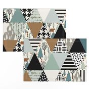Bear Forest - Triangle Cheater Quilt - ROTATED - - Whole Cloth Quilt - Teal, Sage, Spruce, Copper 