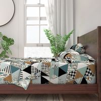 Bear Forest - Triangle Cheater Quilt - ROTATED - - Whole Cloth Quilt - Teal, Sage, Spruce, Copper 