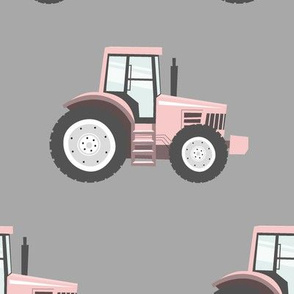 (jumbo scale) light pink tractors on grey - farm fabric