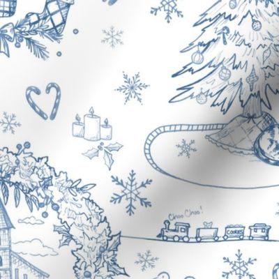 Christmas Day toile - blue and white