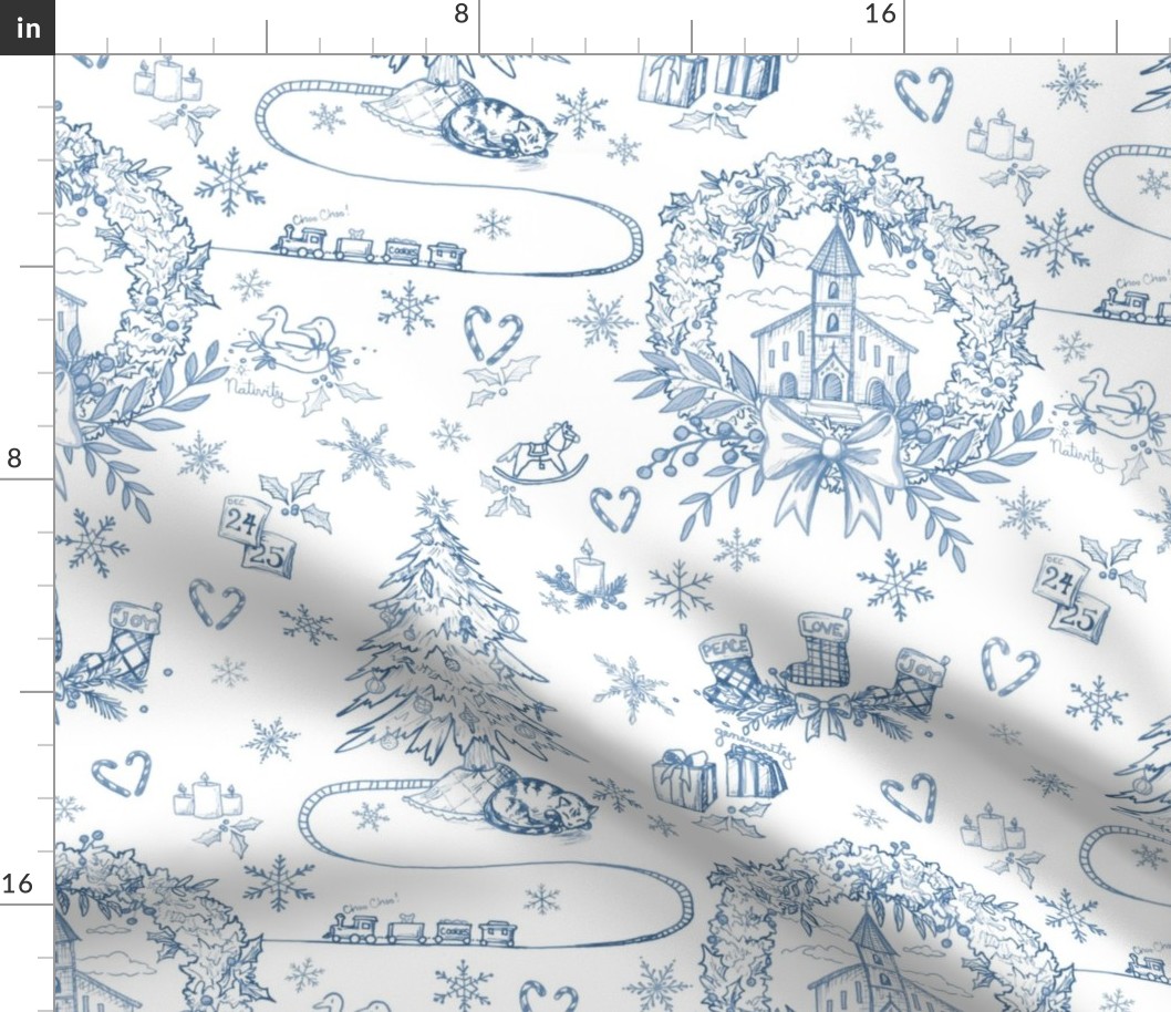 Christmas Day toile - blue and white