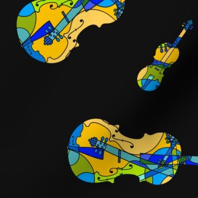 mosaic violins on black (blue green yellow orange 4 XXX)