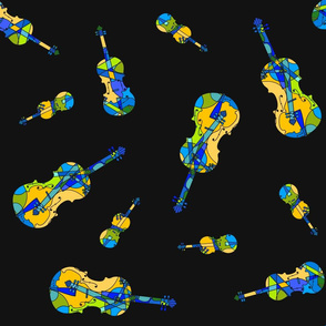 mosaic violins on black (blue green yellow orange 4 XXX)