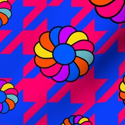 Hippie Flowers Houndstooth Check, Funky Hippy Floral 1970s Geometric Classic, Fashion Floral Pattern Clash, Primary Palette Pop Art Color Explosion, Modern Twist Groovy Bold Geometric, Runway Ready Fashion Color Block, Vibrant Blue Pink Statement Graphic 